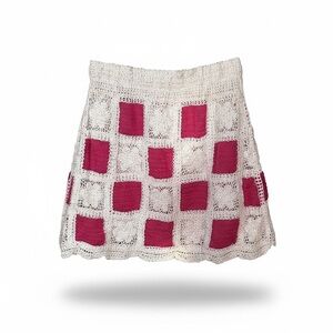 Pink and White Crochet mini Skirt size small medium bohemian preppy Y2K